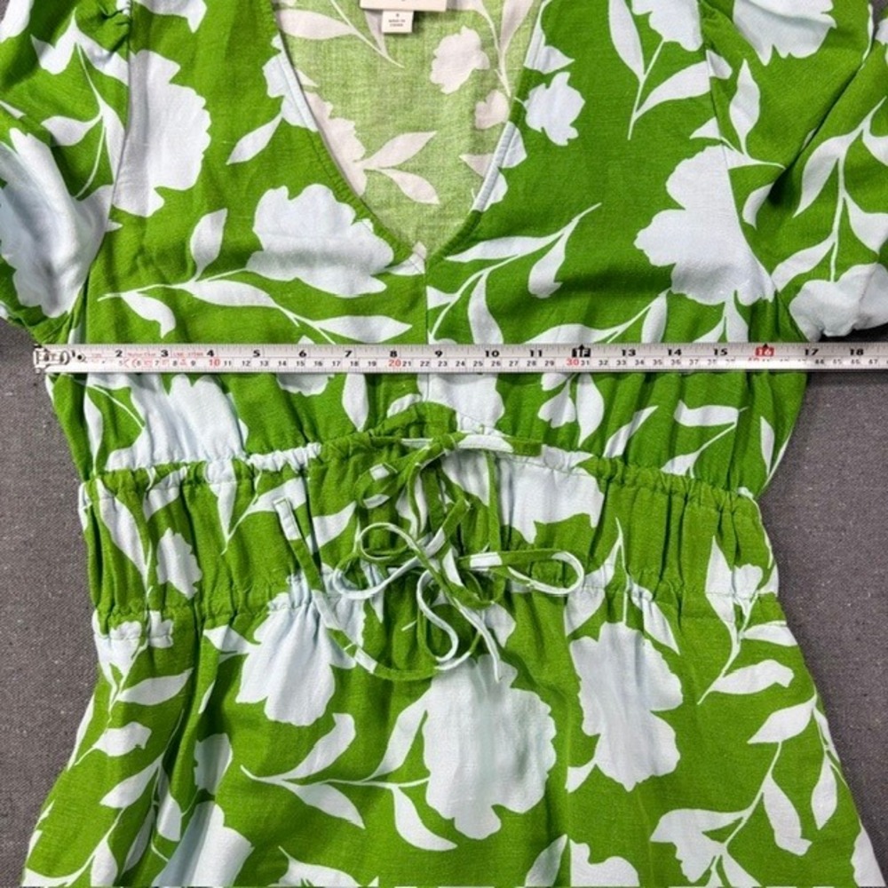 A New Day Floral Midi Dress Womens Small Green Linen Blend Long Sleeve Smocked - Picture 4 of 6